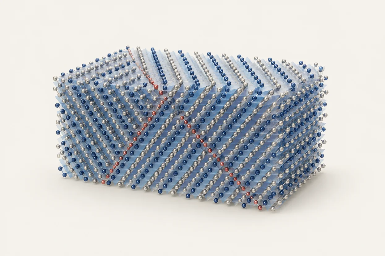 Artistic lattice of twinned martensite with alternating crystal orientations.