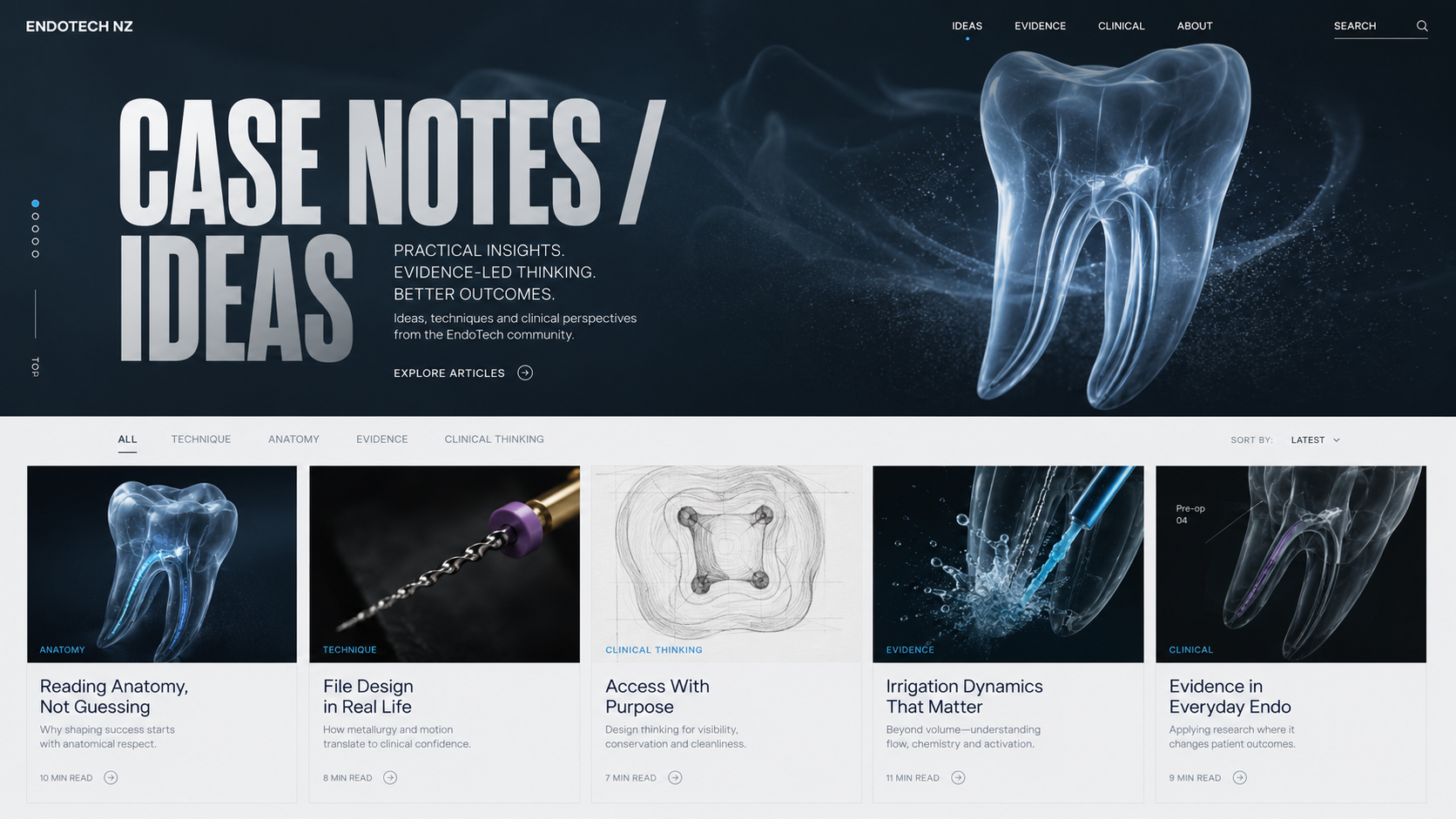 Blog page teaser showing a luminous clinical tooth illustration