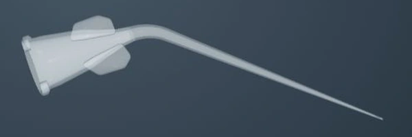 Enlarged disposable tip at 35% surface opacity with a winged hub, short elbow and straight nozzle, tightly framed on a neutral blue-grey background